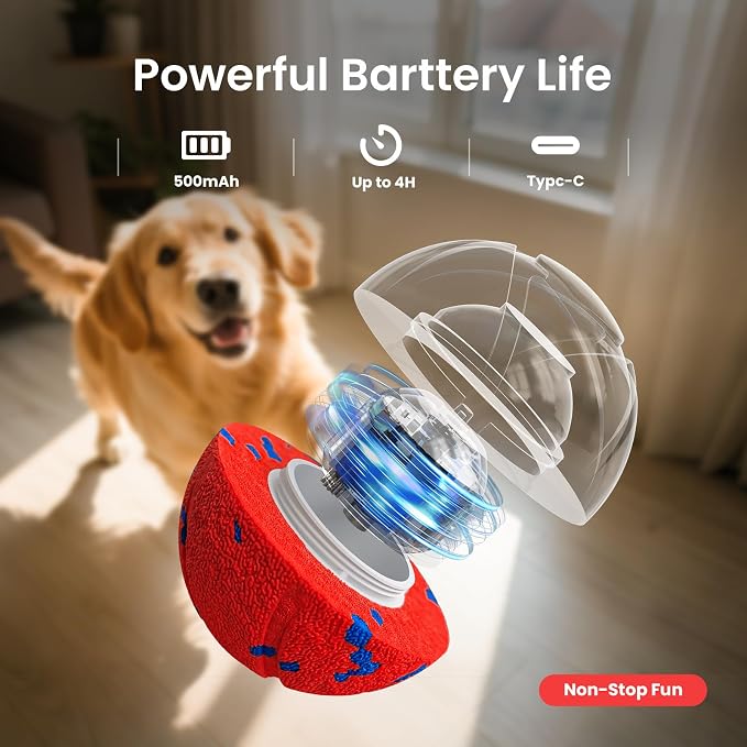 Smart Interactive Dog Toy Ball - Automatic Bouncing & Rolling, Chew-Resistant E-TPU Material, 3 Interactive Modes, IPX7 Waterproof, Smart Chase Pet Toy Ball for Medium and Large Dogs (Red)