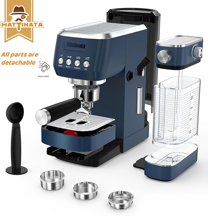 MAttinata Cappuccino Machine, Coffee Maker with Automatic Milk Frother | CM1632L, Blue, 20 Bar Espresso Machine, Adjust Milk Foam for Latte Art, Italian Pump, Compact for Home, Stainless Steel