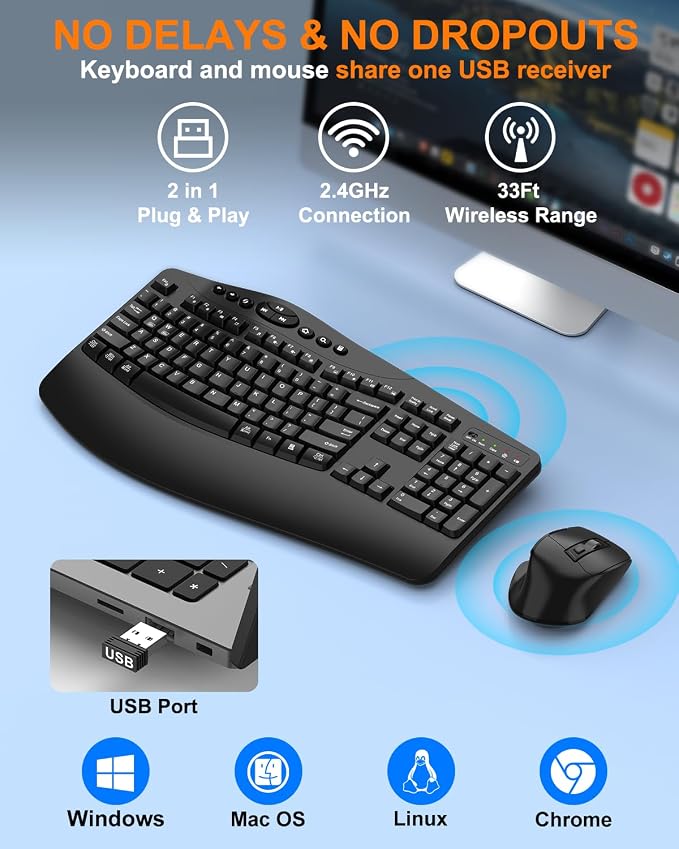 Ergonomic Wireless Keyboard and Mouse Combo, 2.4GHz Full Size Wave Keys Computer Keyboard with Wrist Rest for Natural Typing, Silent 6 Button USB Mouse for Laptop PC Windows Mac