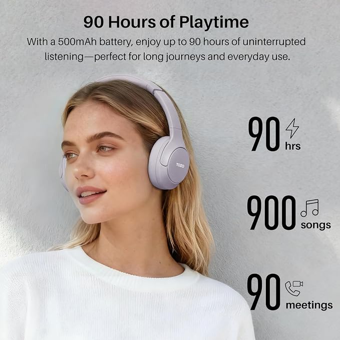 TOZO HT3 Hybrid Noise Cancelling Headphones, 90H Battery Life Wireless Over Ear Bluetooth 6.0 Foldable Headset, AI Voice Assistant with 5 Mics, Connect 2 Devices & Hi-Res Sound, 32 Audio EQ, with Case
