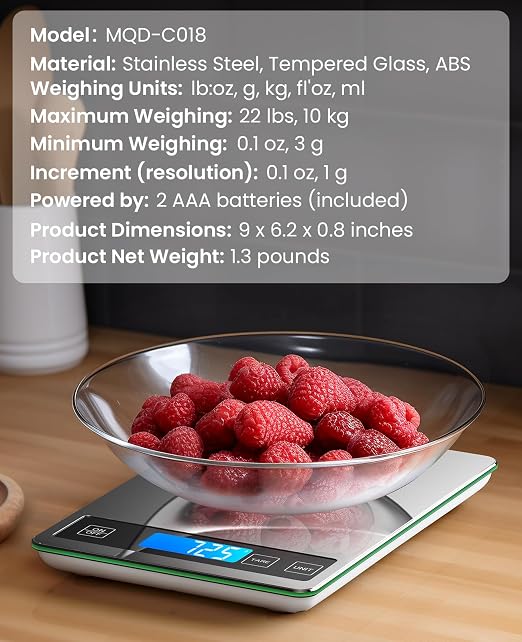 Nicewell Food Scale, 22lb Digital Kitchen Stainless Steel Scale Weight Grams and oz for Cooking Baking, 1g/0.1oz Precise Graduation,Tempered Glass