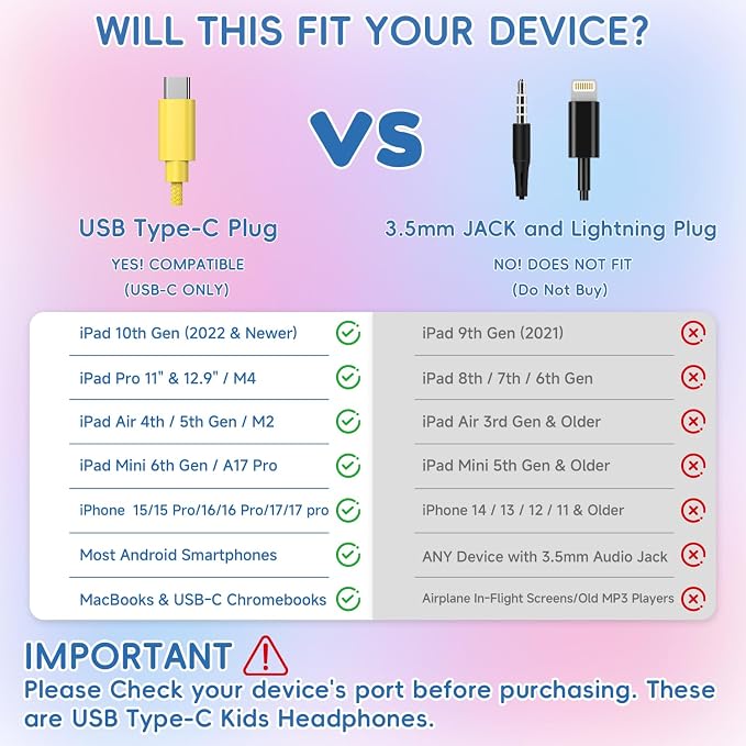 Wired Kids Headphones for School 2 Pack,USB Type C Headphones for Kids, 85dB Safe Volume, HD Stereo Sound,Comfortable Fit, Adjustable &Foldable, Ideal for School/ Travel(Gradient Pink+Light Yellow)