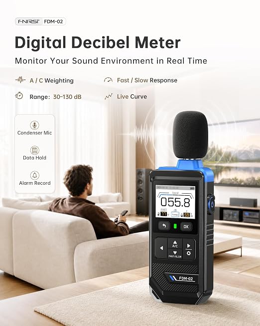 FNIRSI FDM-02 Decibel Meter, 30–130dB Sound Level Meter with 2" IPS Screen, A/C Weighting & Fast/Slow Response, Rechargeable for Home, Audio & Workplace Noise