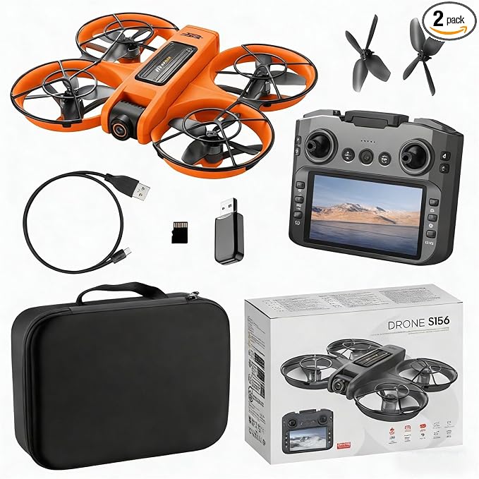 ikaufen S156 Brushless Drone with Dual Camera, Optical Flow Hover, 90° Adjustable Lens, 50X Zoom, 12.5cm Screen Remote Control, LED Night Lights, RC Quadcopter for Beginners(S156 Big screen control (Orange))