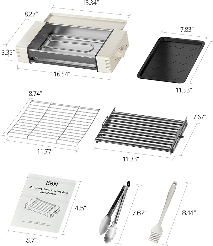 HBN Indoor Grill and Electric Griddle, 3-in-1 Smokeless Indoor Grill with Grill Rack & Nonstick Griddle & Sausage Grill Korean BBQ grill for Kitchen, Dishwasher Safe, 400F (Beige)