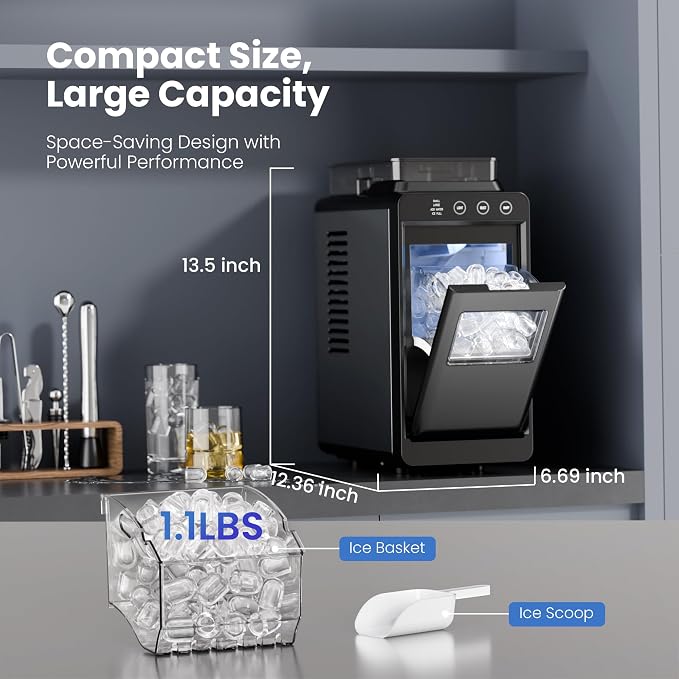Electactic Ice Makers Countertop,26Lbs/24H,8Pcs in 6Mins,Portable Ice Maker Machine with 1.2L Top Water Tank,Interior Lighting,2 Sizes of Bullet Ice for Home/Office/Party(Black)
