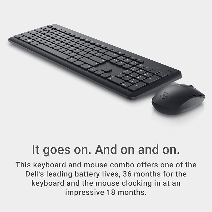 Dell Keyboard and Mouse - KM3322W - US English - USB Plunger Wireless RF 2.40 GHz Keyboard - Black - USB Wireless RF Mouse - Optical - 1000 dpi - Scroll Wheel - Black - Multimedia, Mute, Volume Up, Vo