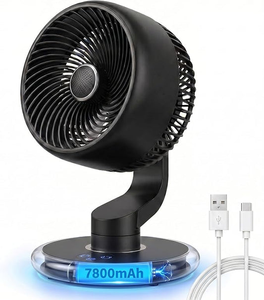 Desk Fan for Office, Rechargeable Air Circulator Fan for Bedroom Cooling, Ultra Quiet Battery Powered Table Fan, 5 Speeds, 9H Timer & 120°Oscillating Smart Portable Fan for Dorm, Home, Kitchen