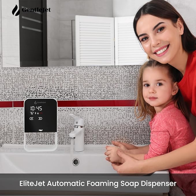 GentleJet EliteJet Automatic Foaming Soap Dispenser Touchless Sensor, LED Display, 5 Foam Levels, Wall Mount or Countertop, Rechargable USB-C or Battery Powered, Aluminum Alloy, 480 ml Refillable