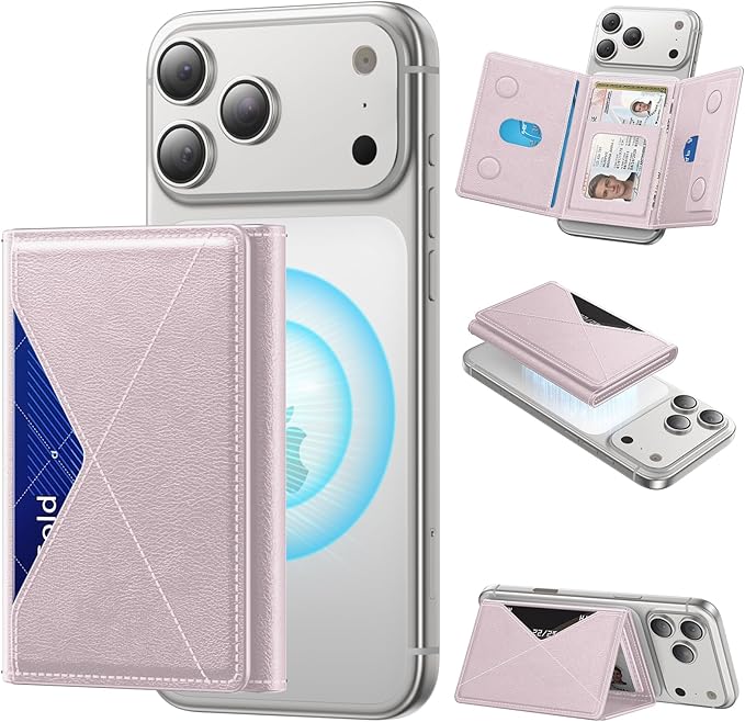 for MagSafe Wallet, 8 Card Holder, RFID Blocking, Magnetic Stand Phone Wallet for iPhone 17/16/15/14/13/12 Pro Max Plus Air Series, 5 Card Slots & 1 Cash Slot,Pink