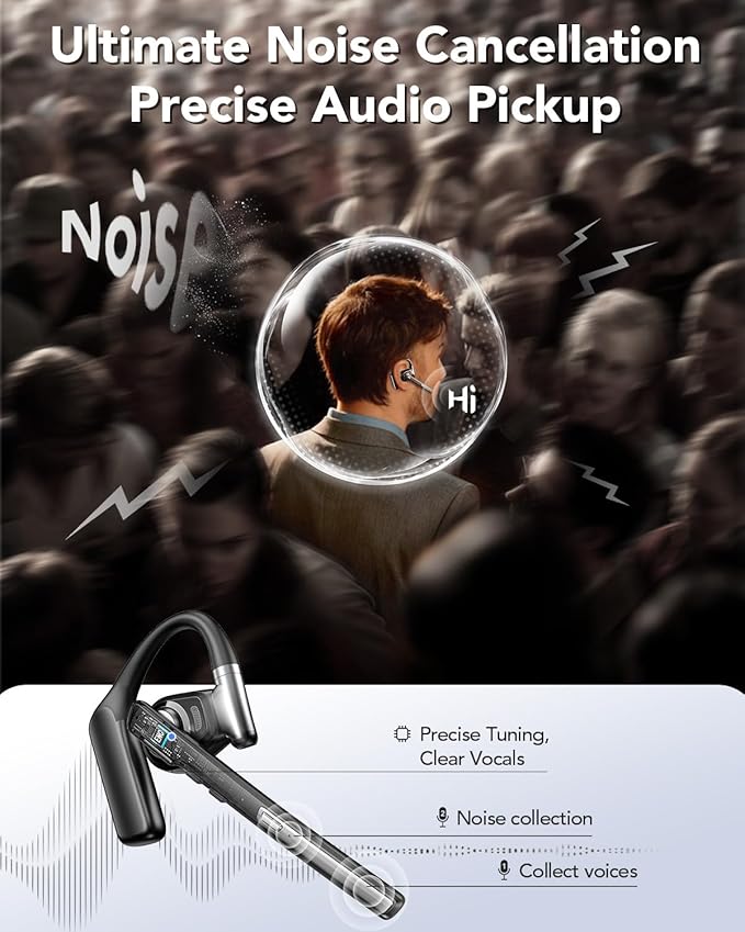 Bluetooth Headset V6.0, Open Ear Wireless Earpiece with Noise Canceling Mic, 96H Talking Time with the 950 mAh Charging Case for iOS Android Laptop, Headphones with Mute Button for Trucker Work