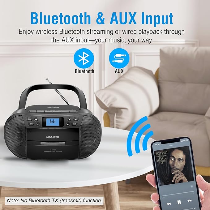 MEGATEK CBR510 Portable CD/Cassette Player Boombox with Bluetooth, AM/FM Radio, USB Playback, AUX Input, Headphone Jack, LCD Display, AC/Battery Powered Stereo System for Home