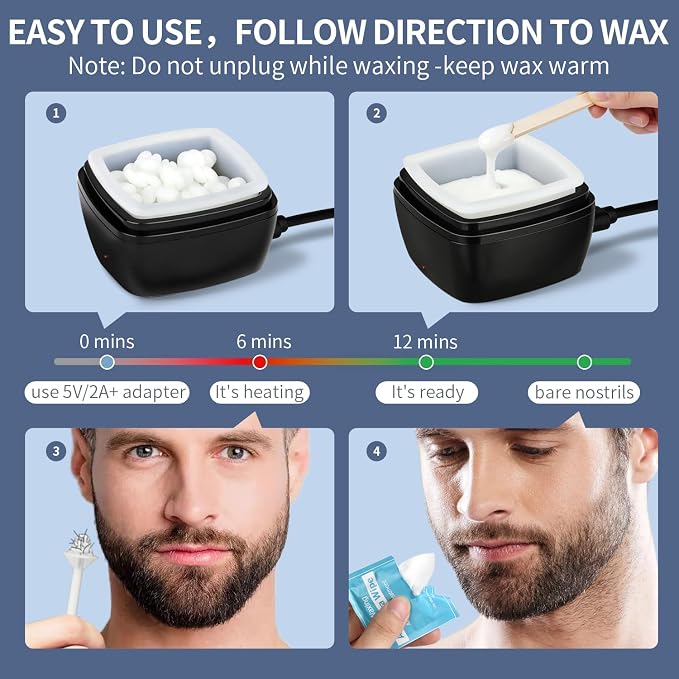 Nose Wax Kit Men, Nose Ear Hair Waxing Kit for Men and Women with 120g Wax, 65 Sticks, Nose Ear Hair Removal Kit, USB Fast Heat, Smart Constant Temp, Multi-Accessories, Black