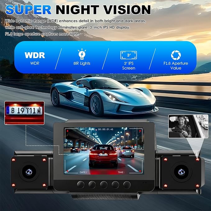 4 Channel Dash Cam Front and Rear with 360° View for All-Round Protection, 4-Way Recording, Built-in 5G WiFi & GPS, APP Control, 8 IR LEDs, 24H Parking Monitor, G-Sensor, Free TF Card (32, GB)