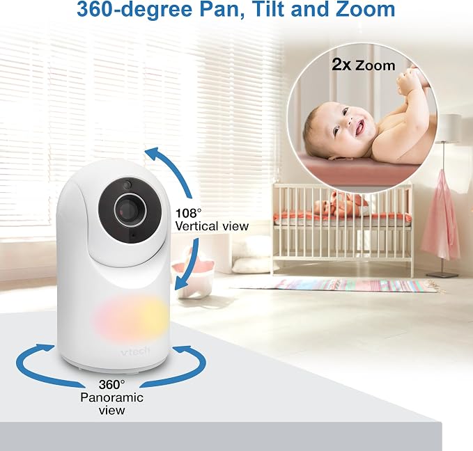VTech Video Baby Monitor with Camera and Audio, 3.5" LCD Screen, Pan-Tilt-Zoom, 2-Way Talk, VOX Mode, Night Light, Lullabies, Soothing Sounds, Temperature Sensor, Long Range, No WiFi: VM4263 (White)
