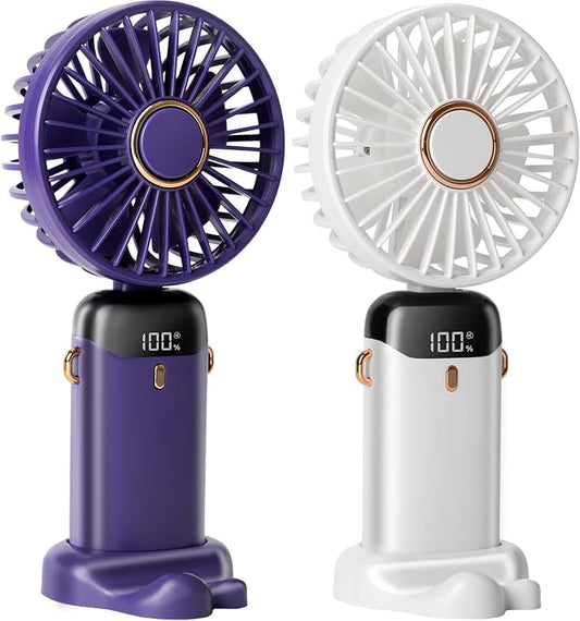 2 PCS Portable Handheld Fan, 12 hours Upgrade 3200mAh Mini Fan with Stand, 90° Foldable, 5 Speed Wind,Hand Held/Neck/Desk 3 in 1 Personal Small Fans, Makeup Fans for Women (Purple, White)