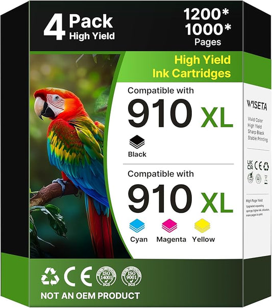 910XL Ink Cartridges for HP Printers (4-Pack) Black Cyan Magenta Yellow Replacement for HP 910XL Ink Cartridges Combo Pack Works for OfficeJet 8010 8020 Series, Pro 8025e 8020, 8030 Series 3JB41AN