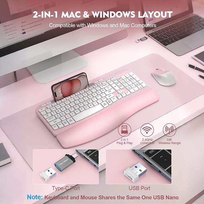 Wireless Keyboard and Mouse Combo, Full-Sized Ergonomic Wave Keys Keyboard with Memory Foam Wrist Rest & Phone Holder, 2.4G Quiet Keyboard Mouse Work Setup for PC Laptop, Office or Home (Pink)