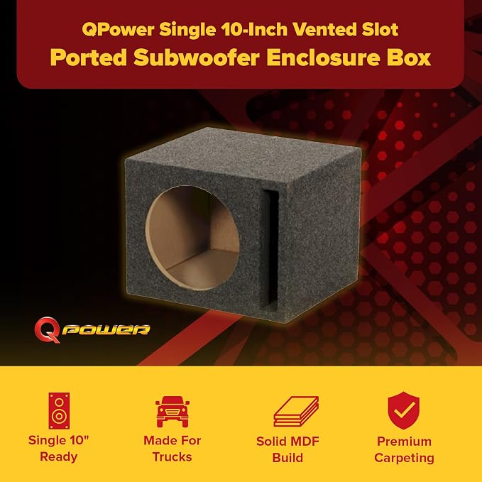 QPower Single 10-Inch Vented Unloaded Subwoofer Speaker Box – Solid 5/8-Inch MDF Car Audio Box with Charcoal Carpet Covering