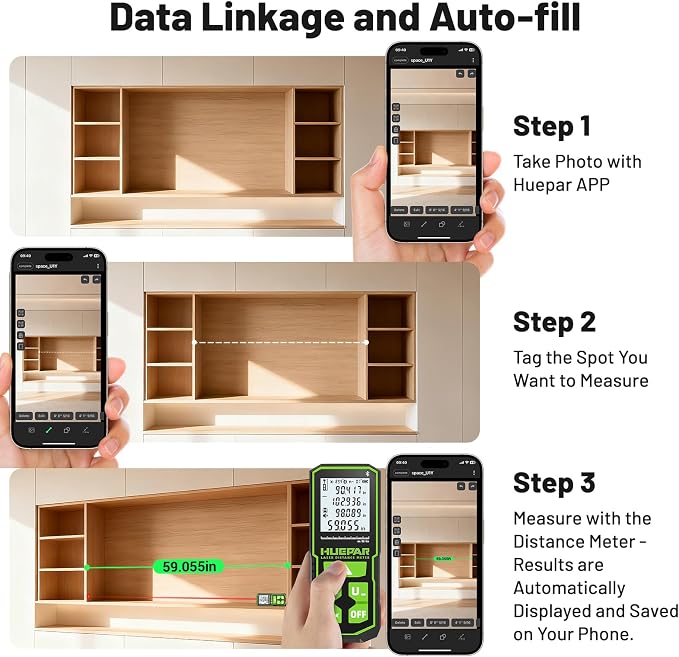 Huepar Professional Bluetooth Laser Measuring Tool S60-G-BT, 200ft | APP Control, Green Beam, ±1/16" High Accuracy, Rechargeable USB-C Laser Distance Meter, Angle Sensor, IP54, Gifts for Men