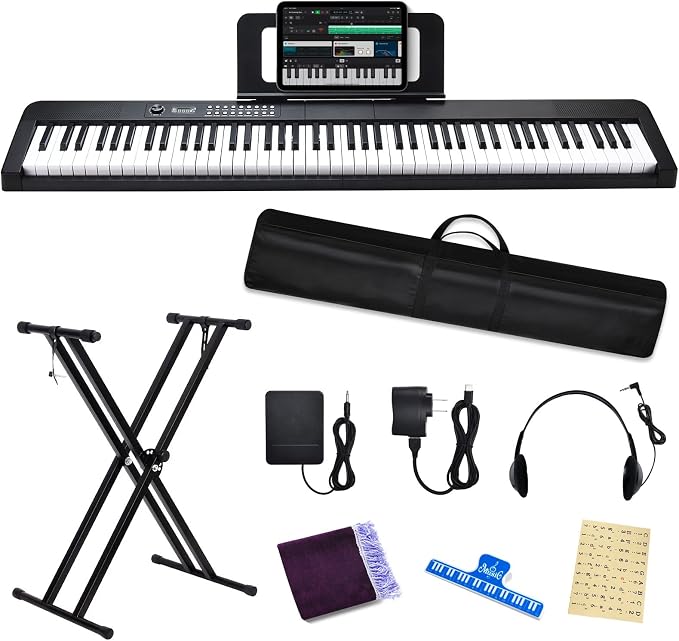 88 Key Piano Keyboard, Electric Digital Piano with Semi Weighted Keys, Keyboard Piano with Sustain Pedal, Power Adapter, Stand, Carrying Case, Headphones, USB-MIDI Compatibility, for Beginner Adults