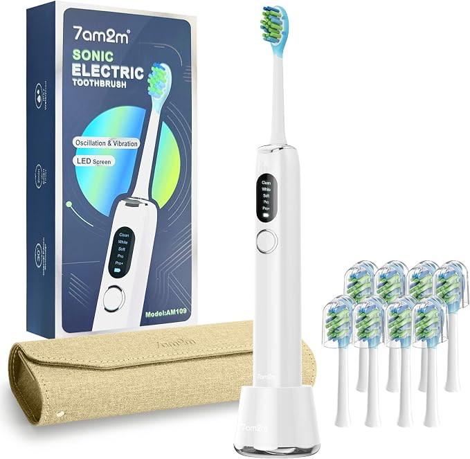 7AM2M Sonic Electric Toothbrush for Adults&Teens with LED Screen, 5 Modes, One Charge for 365 Days, 2 Minute Timer, with 8 Brush Heads and Travel Case (White)