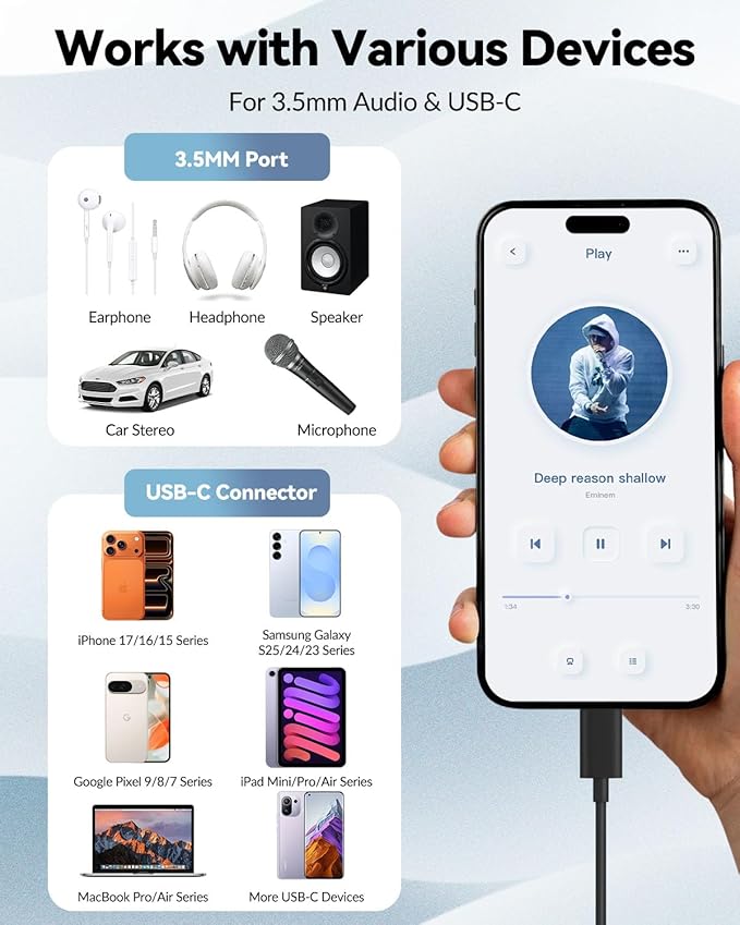 Seulliya USB C to 3.5mm Headphone Jack Adapter for iPhone 15/16 Pro/Max, Hi-Res Audio DAC Dongle, 3.5mm Aux Cord Converter for Samsung Galaxy, iPad, Car, USB-C Devices 10Pack Black