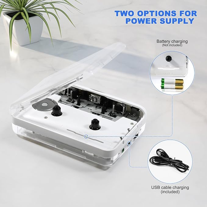 Auto Reverse ＆Clear Stereo Cassette Player,Built-in Cool Copper Wheel Movement＆Earphone,Cassette Tape to MP3 Converter with Tape Converter Software,Powered by USB Power Cord or AA Battery