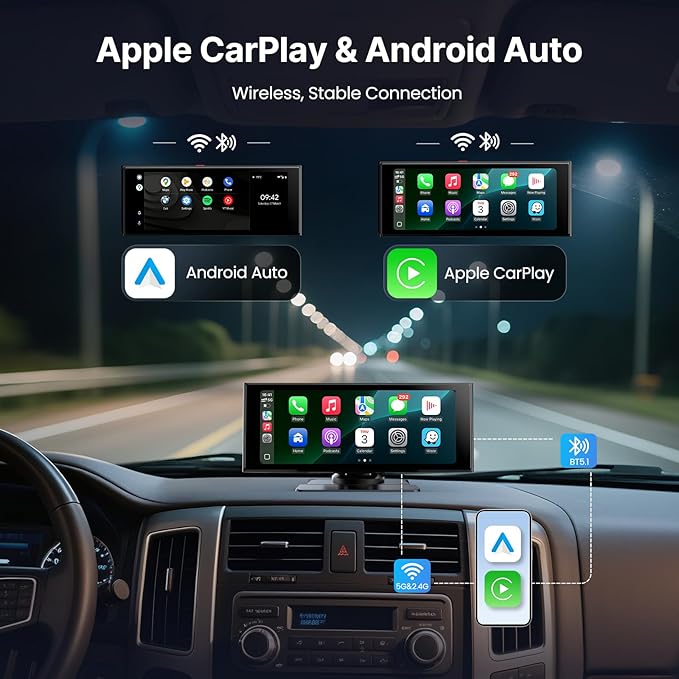 WonVon Wireless Car Play Screen, 10.26'' Monitor with Apple Carplay & Android Auto, 4K Portable Smart Touch Tablet Stereo Multimedia Dashboard, Bluetooth/FM/GPS/AUX