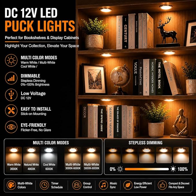 Smart LED Puck Lights, Dimmable Under Cabinet Lighting with Bluetooth App Control, Music Sync, Timer, DC 12V Adaptor (2Pack, Multi-White)