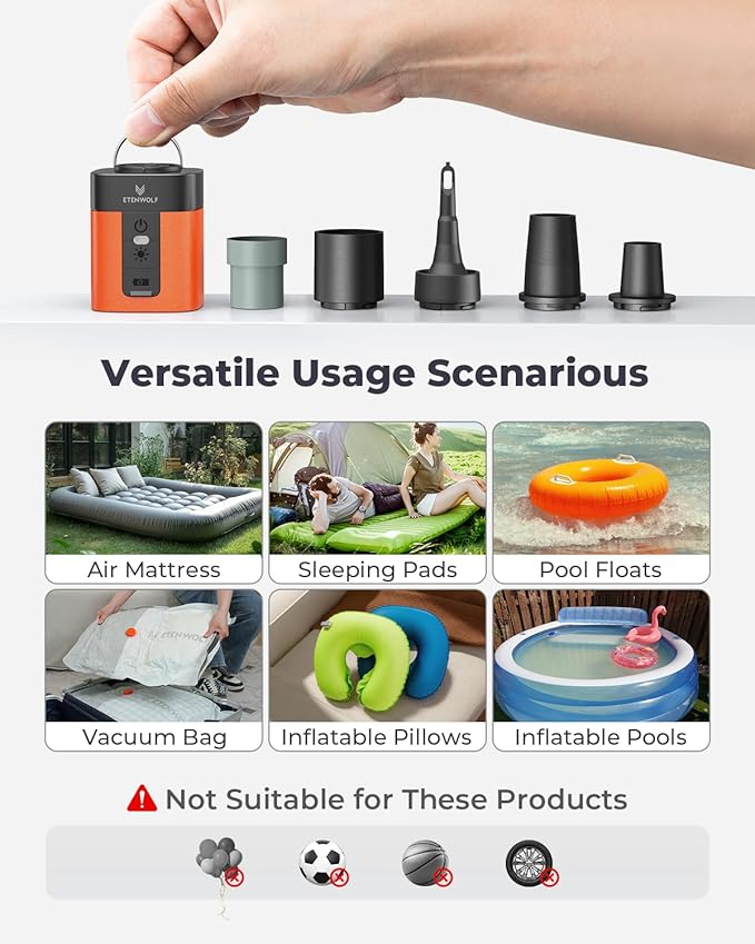 ETENWOLF AIR 3 Air Pump for Inflatables with 2600 mAh Battery & Camping Light, Ultra-Fast and Mini Electric Air Pump, Inflate Deflate for Air Mattress, Pool Floats, Vacuum Storage Bags