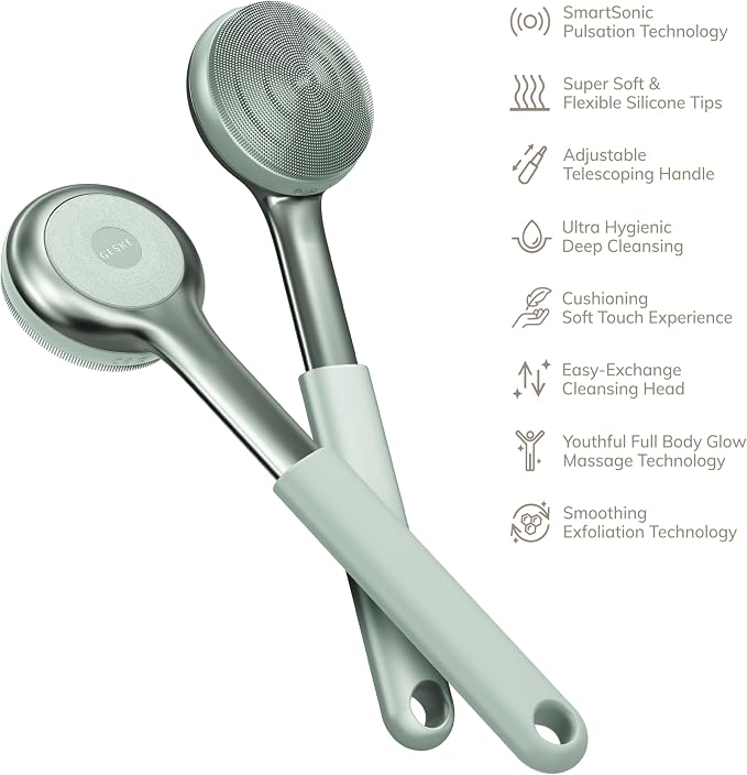 GESKE Sonic Full-Body Brush & Intensive Exfoliator | 8 in 1 | Electric Body Cleansing Brush | With SmartSonic Pulsations | Deep Cleansing, Exfoliation, Massage | Extendable Handle | Rough Skin Remover