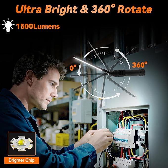 2Pack Magnetic Rechargeable LED Work Light/Flashlight for Mechanics | All Aluminum, 1500 High Lumens, Digital Display, 7 Modes, 360° Rotation, for Car Repairing, Emergency, Gifts for Father