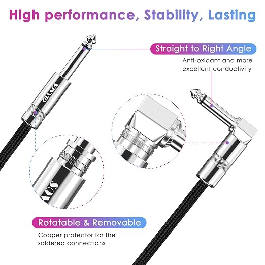 10FT 2 Pack Instrument Cable - Electric Guitar & Bass Guitar Cable with Right Angle 1/4 Inch Connector, Black