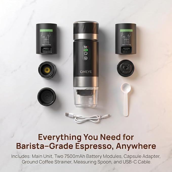 Portable Espresso Maker for Camping Travel Office – 20 Bar Self-Heating Cordless Coffee Machine, LED Display, Dual 7500mAh Battery, USB-C, Compatible with Small/Large Capsules & Ground Coffee