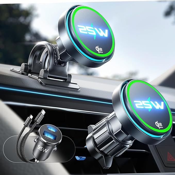 LISEN for Qi2.2 25W MagSafe Car Mount Charger，[Smart Cooling Fan＆95W Fast Adapter] Magnetic Wireless Car Charger, Phone Holders for Your Car Accessories for iPhone 17 Pro Max Air 16 15 14 13 12 | [Smart Cooling Fan] Magsafe Car Mount Charger, [Qi2 25W ...