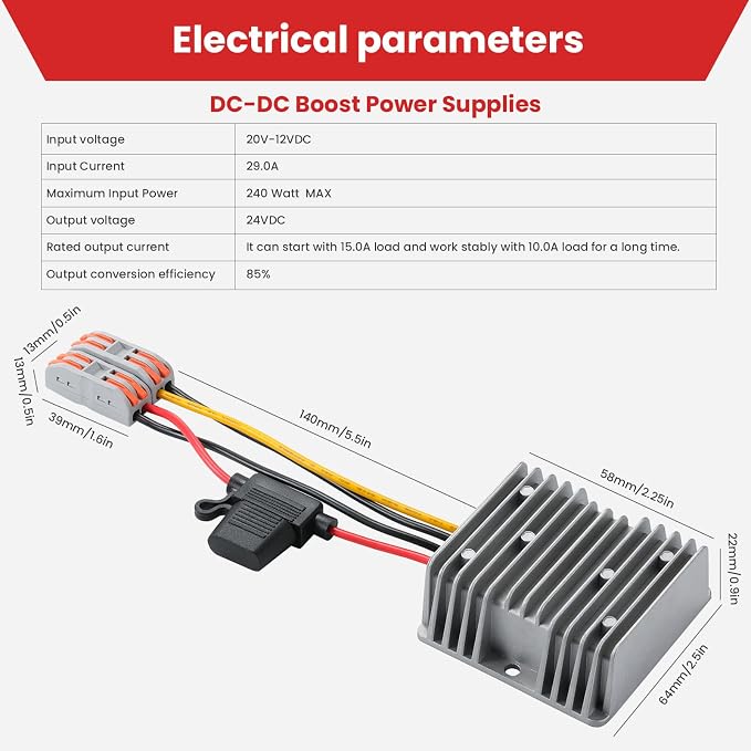 240W DC-DC Boost Converter 12V to 24V 10A Step Up Voltage Regulator - Waterproof Power Supply Module for Car Audio, Solar Panel,CCTV - Over-Current/Short-Circuit Protection