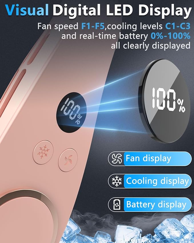 Neck Fan with Cooling Plate-Neck AC Air Conditioner,Rechargeable Battery Operated Neck Cooler,Bladless Power Light Weight Noiseless Cooling for Travel,Camping,Outdoor,Sports Pink