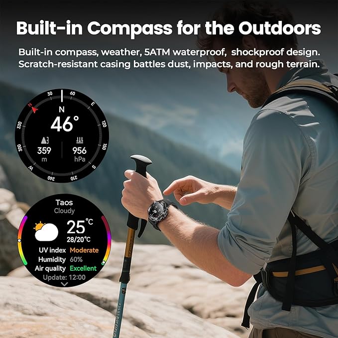 WalkerFit Outdoor Smart Watch for Men, 1.43" AMOLED Black Silicone Band, 5ATM Waterproof for Hiking Climbing Trail Run Swim, 170+ Sports, Compass Heart Rate SpO2, Adventure Watch for iPhone Android