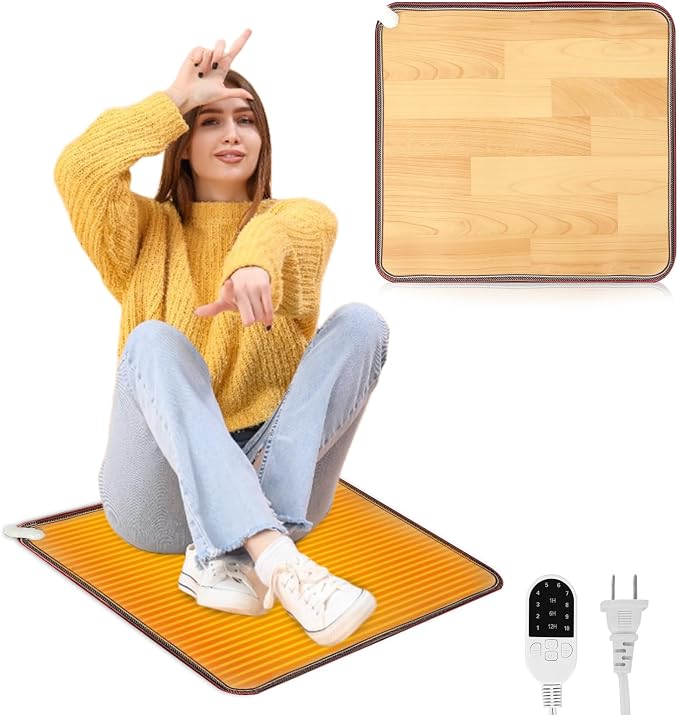 QOUBAI PVC 110V Heated Floor Mat Heater for Foot Warmer Under Desk 22 x 20 Inch Electric Heating Pad Energy Saving Carpet Pad Indoor Floor Heated Rug for Home Office Bathroom House Brown