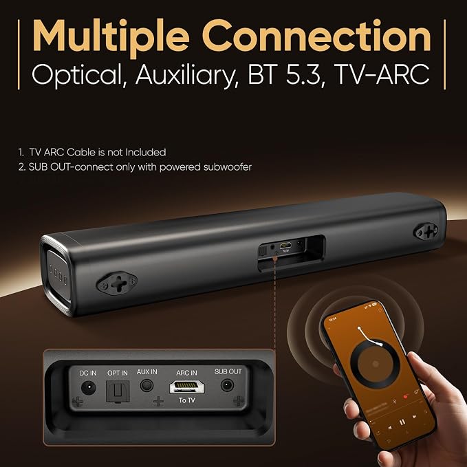 Saiyin Sound Bar for Smart TV, 60W Bluetooth 5.3 Soundbar with Dual Bass Drivers&Clear Voice, Virtual Surround Sound System with TV-ARC/Optical/AUX for TV/PC/Gaming/Projectors, 17 inch, Wall Mountable