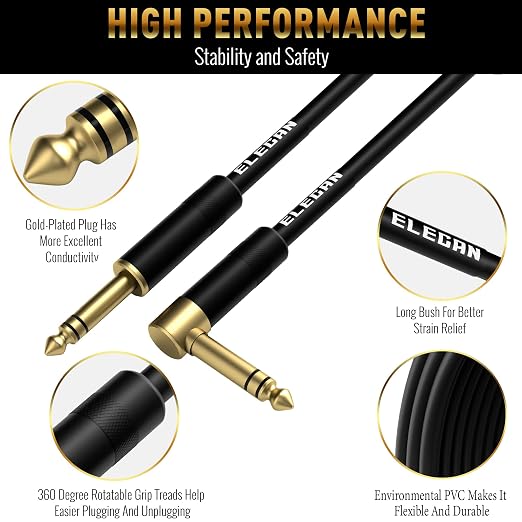 Elecan 1/4 Inch TRS Instrument Cable 100 Ft- Right Angle to Straight 6.35mm Male Jack Stereo Audio Interconnect Cord- Gold Plated- 90 Degree 6.35 mm Balanced Line for Electric Guitar Bass+ 5 Ties