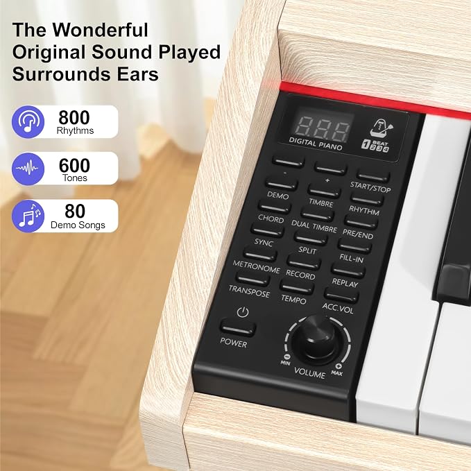 Digital Piano Keyboard 88 key,Semi-Weighted Electric Piano,Full Size Acoustic Piano for Beginners with,Pedal, USB-MIDI Compatibility (Apricot)