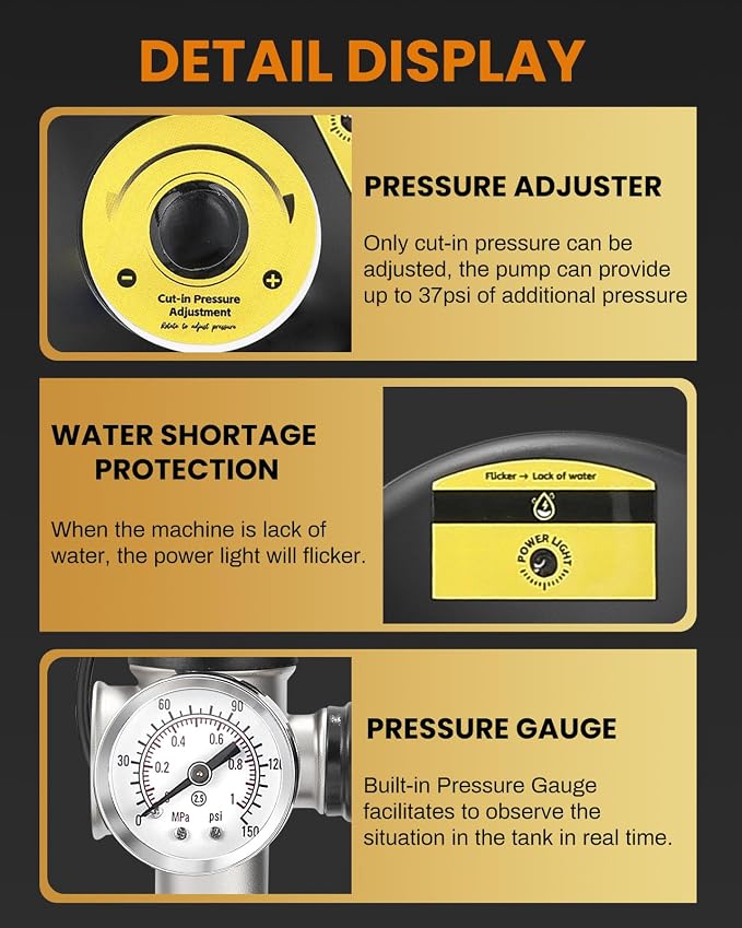 3/4 HP Shallow Well Booster Pump with Pressure Tank 1050GPH Auto ON/OFF Water Pressure Booster Self-Priming Stainless Steel Automatic Booster System for Whole House, Garden, Lawn