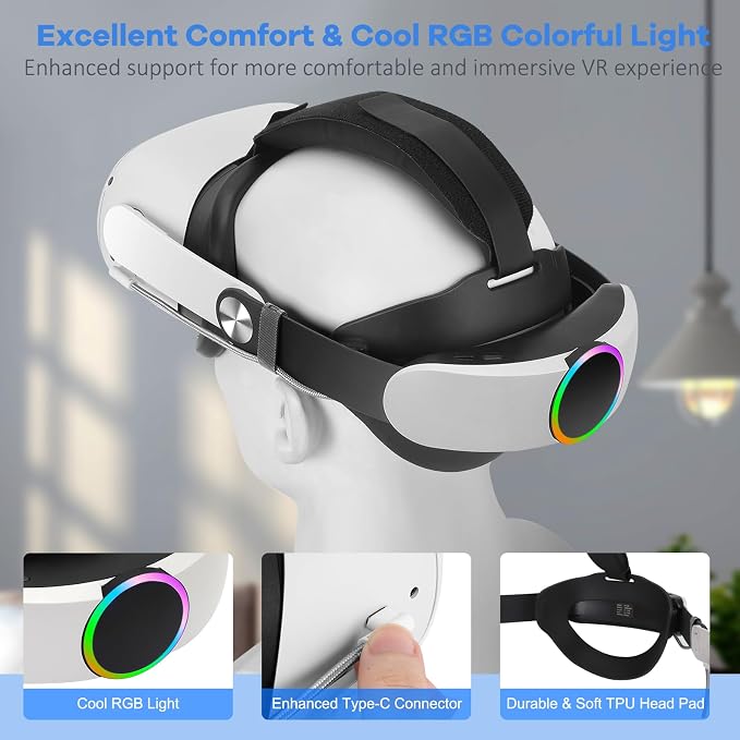Hurra Head Strap with Battery for Oculus Quest 2, 10000mAh Fast Charging Battery Pack Extend 8H Playtime, Adjustable Elite Strap Replacement with RGB Light Enhanced Comfort Support & Balance in VR