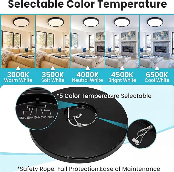 libtit 7 inch Flush Mount LED Ceiling Light Fixture, 3000K-6500K Adjustable, 15W 1500lm Black Satin Round Ceiling Lamp for Bathroom Hallway Kitchen Bedroom, 2 Pack