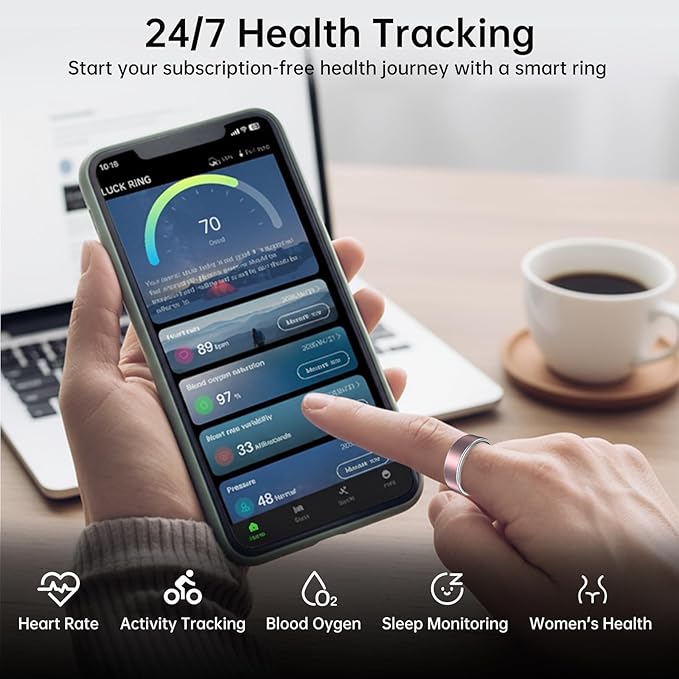 Smart Ring Fitness Tracker Ring for Women & Men, Sleep/Step/Blood Oxygen/Heart Rate Monitor, Long-Lasting Battery Sleep Ring, No Subscription Fee, Compatible with Android & iPhome (Matte Pink, 6#)