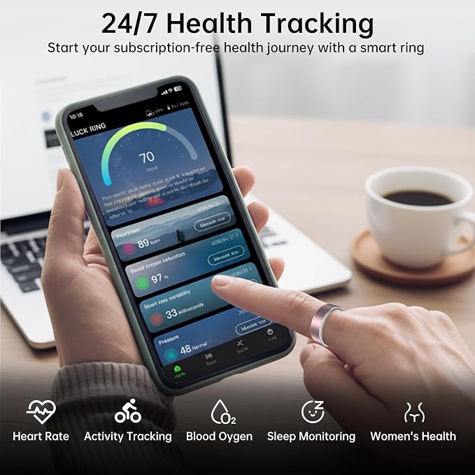 Smart Ring Fitness Tracker Ring for Women & Men, Sleep/Step/Blood Oxygen/Heart Rate Monitor, Long-Lasting Battery Sleep Ring, No Subscription Fee, Compatible with Android & iPhone (Matte Silver, #6)