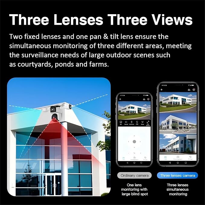 EVERSECU Triple Lens WiFi PTZ Security Camera, Three Cameras in One, Side Cameras with Adjustable All-Angle Arm, 2K 360° View No Blind Spot, Auto Tracking, Spotlight, 2 Way Audio（2pack