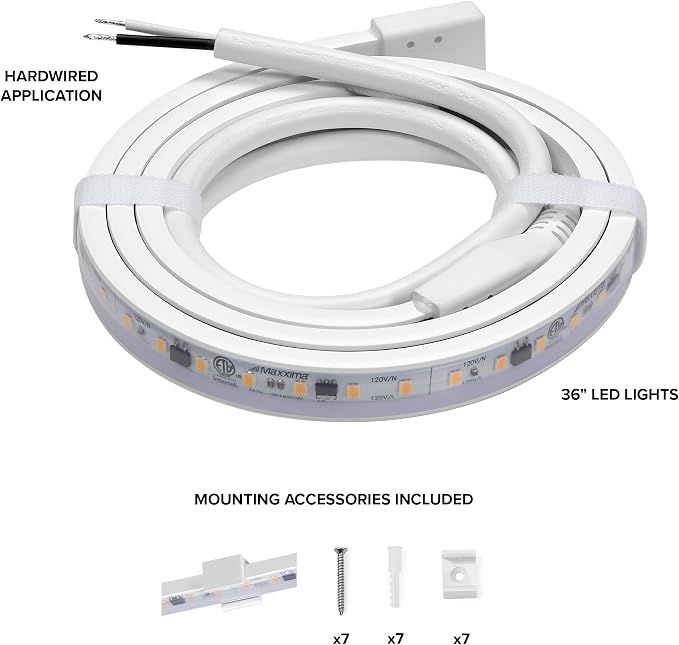 Maxxima 36 in. Hardwired LED Under Cabinet Strip Light, 1380 Lumens, 3000K Warm White, Kitchen and Living Room 120V White Cove Lighting, No Power Supply Needed